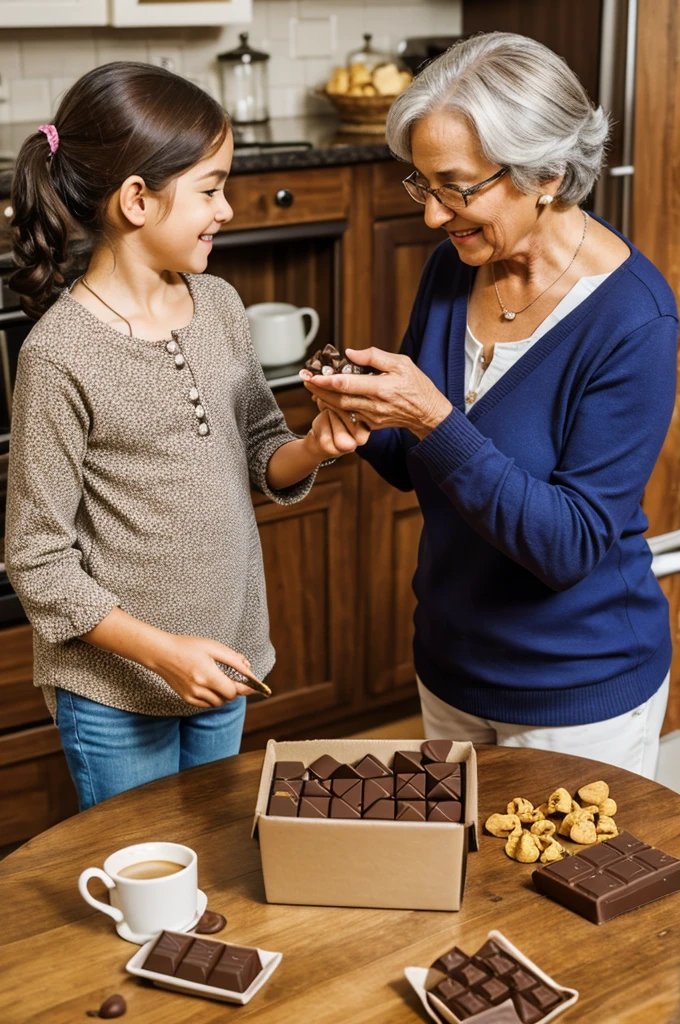 Granny giving her youngest granddaughter a box of chocolate chips