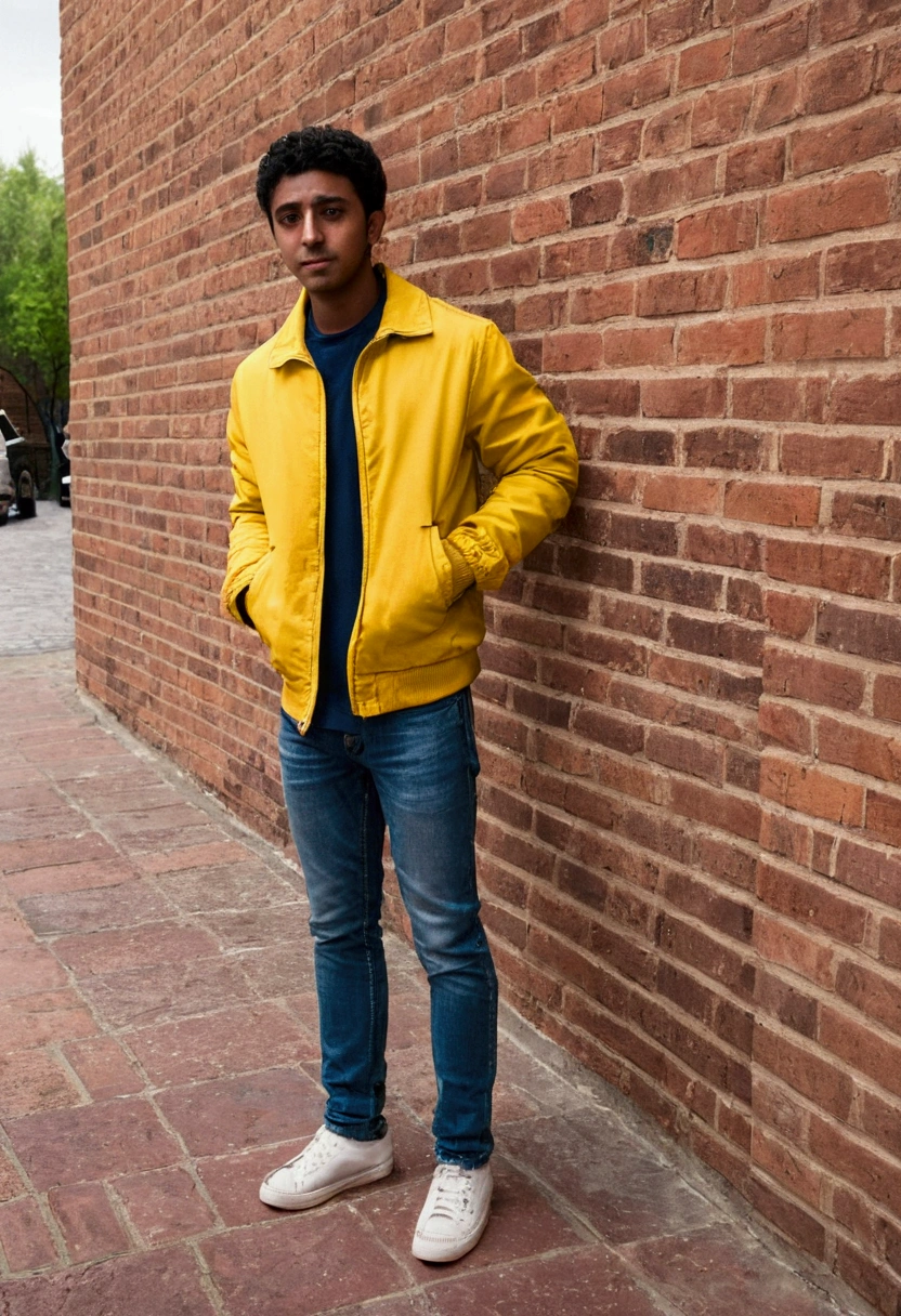 there is a man in a yellow jacket standing on a brick sidewalk, very low quality image, about 19 years old, with accurate face, with dark skin, Riyad Cassim, low quality photograph, he is about 30 years old, he is about 30 years old, he is about 2 5 years old, he is about 20 years old