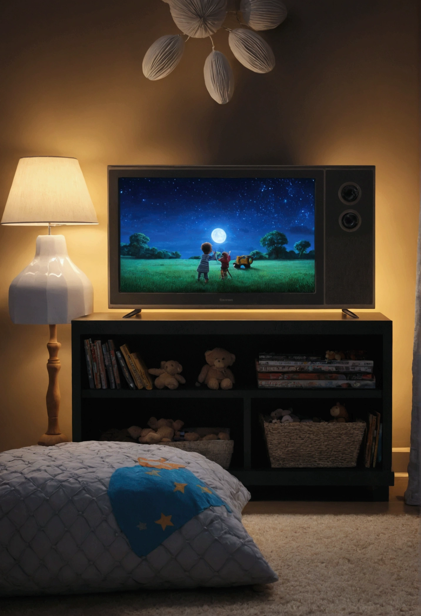 chambre d'enfant la nuit  avec des objet partout une tv allumé jeux video grande porte-fenetre donnant sur une  terrasse en bois et plus loin la campagne la campagne de nuit  style ultra realiste 