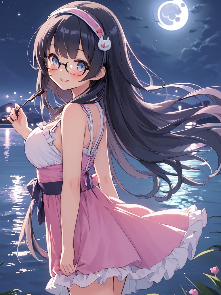 ((masterpiece)), ((best quality)), (ultra-detailed), ((kawaii)), cute, (lovely), illustration, anime style, 1girl, cute girl, solo, (from side:1.3), (midnight:1.4), (moonlight:1.5), (beautiful eyes), beautiful black hair, (long hair), (horseshoe-shaped hairband), slim, slender, glasses, medium breast, (seductive smile:1.3).