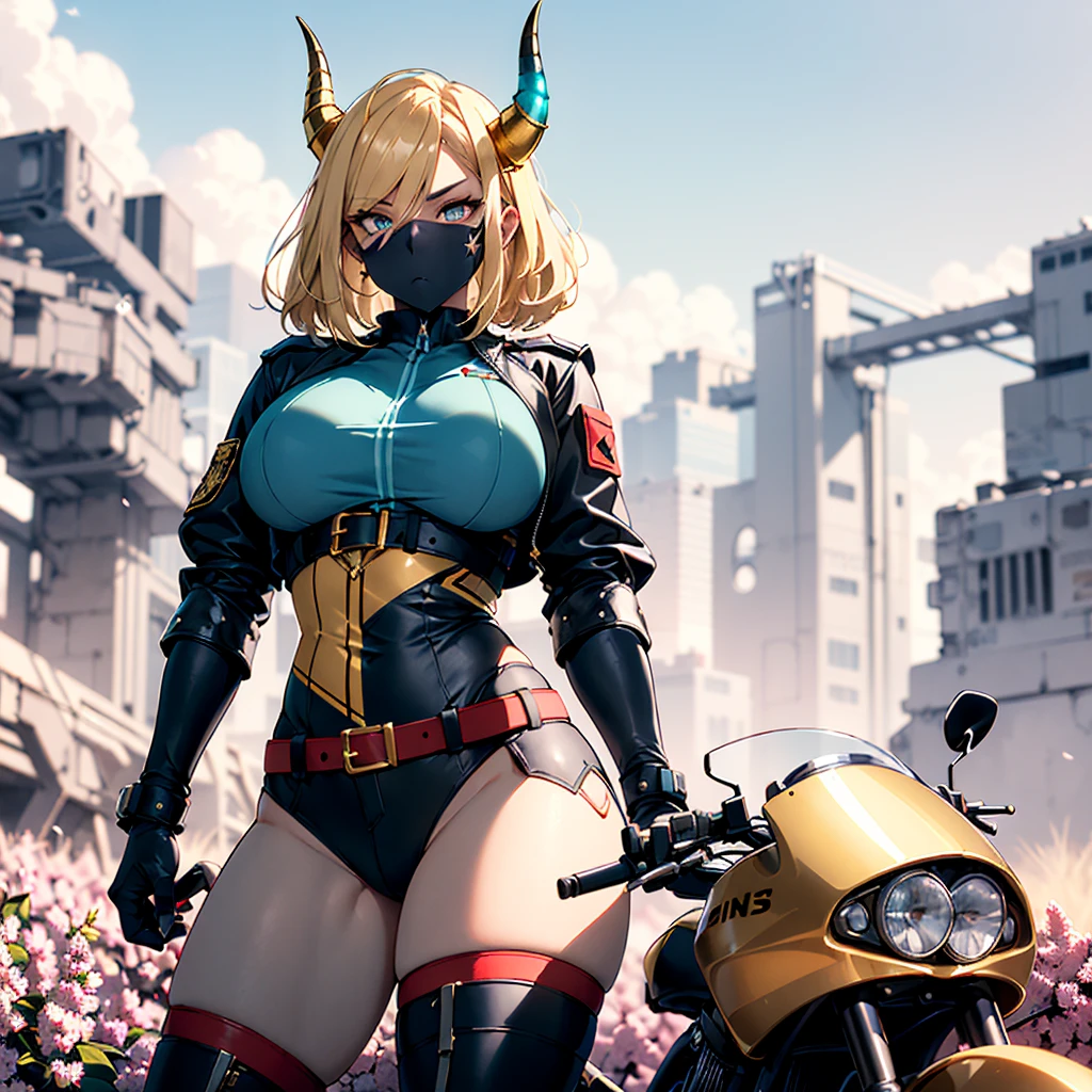 ((best quality)), ((masterpiece)), (detailed), 1girl, 8k_wallpaper, extremely detailed eyes, extremely detailed body, beautiful face, perfect face, detailed ((blonde hair)), (gold eyes), ((large big red and blue horns)), {{dark skin}}, ({dark skinned female}), gigantic breasts, thick thighs, strong arm and leg muscles, strong abdominal muscles, Monster women, Korean women, wearing a modern short black cloth jacket with rolled up sleeves, (wearing heavy gold colored steel cyberpunk armor), a wide red leather belt with blue steel yarn, steel boots, steel thigh guards, a military radio hangs on her belt, a biker girl, she rides on another planet along a lilac field against the backdrop of a blue desert and high red mountains,