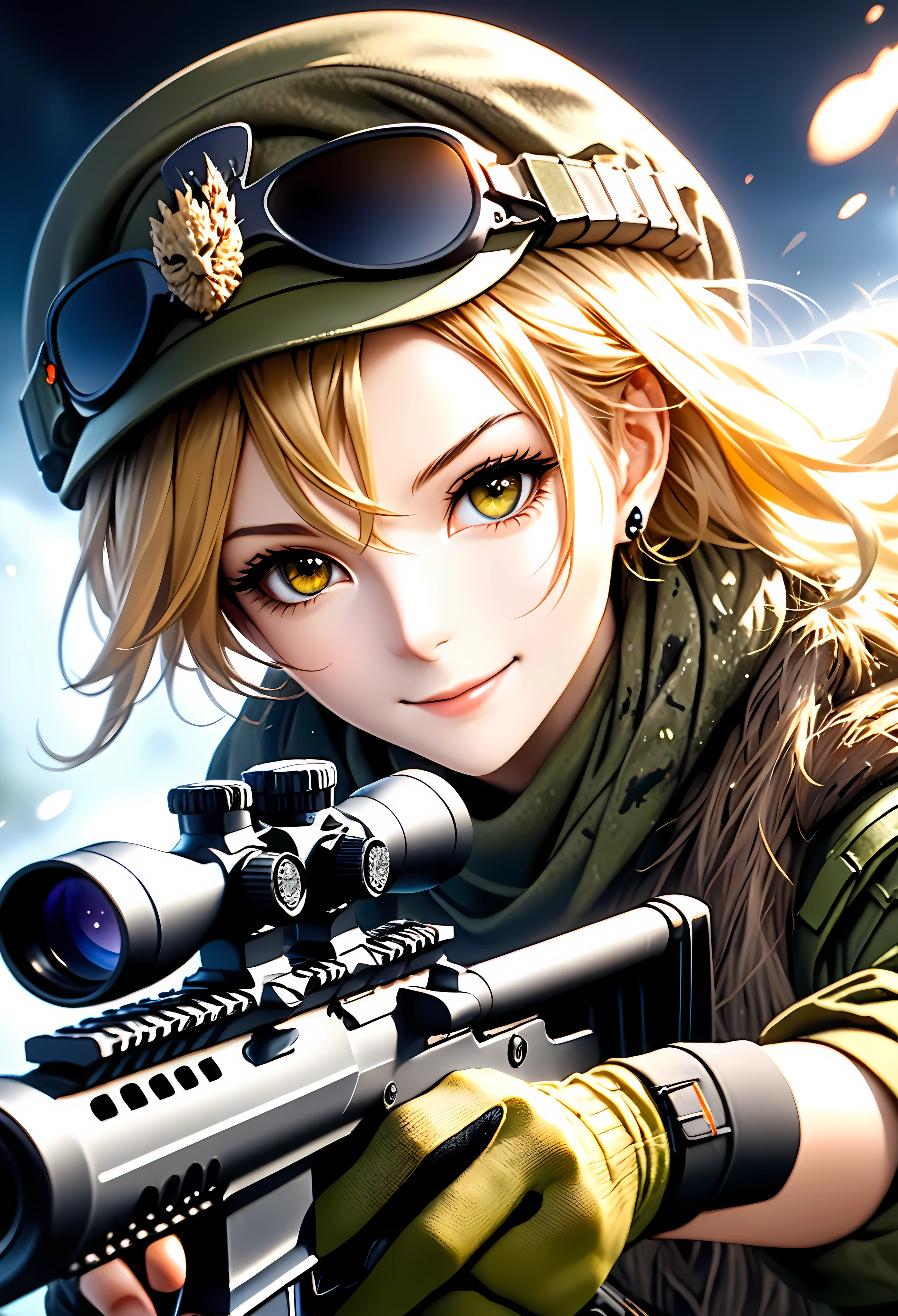 (Masterpiece in maximum 16K resolution:1.6), (intricate detail:1.4), (extremely insane detail:1.4),(highest quality:1.3),(Hyper_realistic:1.3). | ((Dark_color_tones):1.3),((a close up of female sniper soldier, aiming a sniper rifle, detailed face, piercing eyes, determined expression):1.3),((sniper ghillie suit, sniper gear, rugged landscape background, dramatic lighting, cinematic composition):1.1), ((wide angle shot):1.2), Clear light, Edge lighting, Perfect image, 16k UE5,editorial painting, superfine, Depth of field, Ultra-realistic, no contrast, clean sharp focus, professional painting, No blurring. | (watercolor painting, dark color, sharp focus), ((Pretty Supermodel beauty):1.2), ((Blonde Hair):1.1), ((Sniper ghillie suit):1.5), ((fancy military hand gloves):1.3), kinetic expression, style painting magic. | ((She is smiling with evil intention):1.3),((perfect_pose):1.5), ((perfect_fingers, better_hands, perfect_hands, perfect_legs):0.7), (((More_Detail))). | Rendered in ultra-high definition with UHD and retina quality, this masterpiece ensures anatomical correctness and textured skin with super detail. With a focus on high quality and accuracy, this award-winning portrayal captures every nuance in stunning 16k resolution, immersing viewers in its lifelike depiction. Avoid extreme angles or exaggerated expressions to maintain realism. ((perfect_composition, perfect_design, perfect_layout, perfect_detail, ultra_detailed)), ((enhance_all, fix_everything)), More Detail, Enhance.