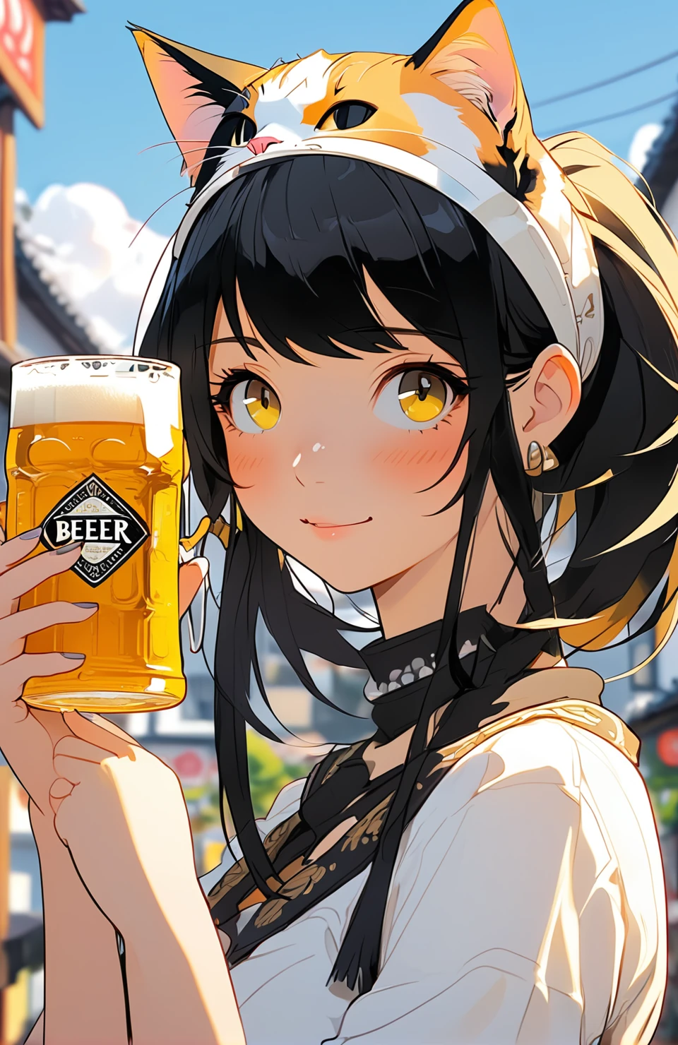 Yellow, black and white, flat Anime illustration of a girl with a Calico cat on top of her head, shoulder-length hair and bang, holding a beer mug.