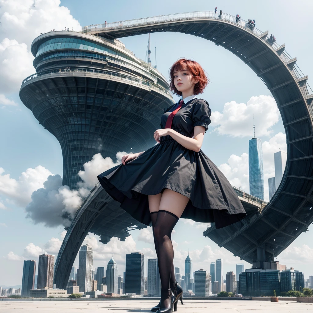 (Masterpiece,The newest one,exceptional:1.2), cheered up,1 girl,hits,negro_Hair, Beautiful 8K eyes,Blue_sky,puinte,building,castillo,City,Cityscape,cloud,day,dress,looking_in_viewer,outdoor,red_ties,red_Love,Love,River,short_Hair,short_sleeves,sky,skyscraper,Alone,standing,City,winer