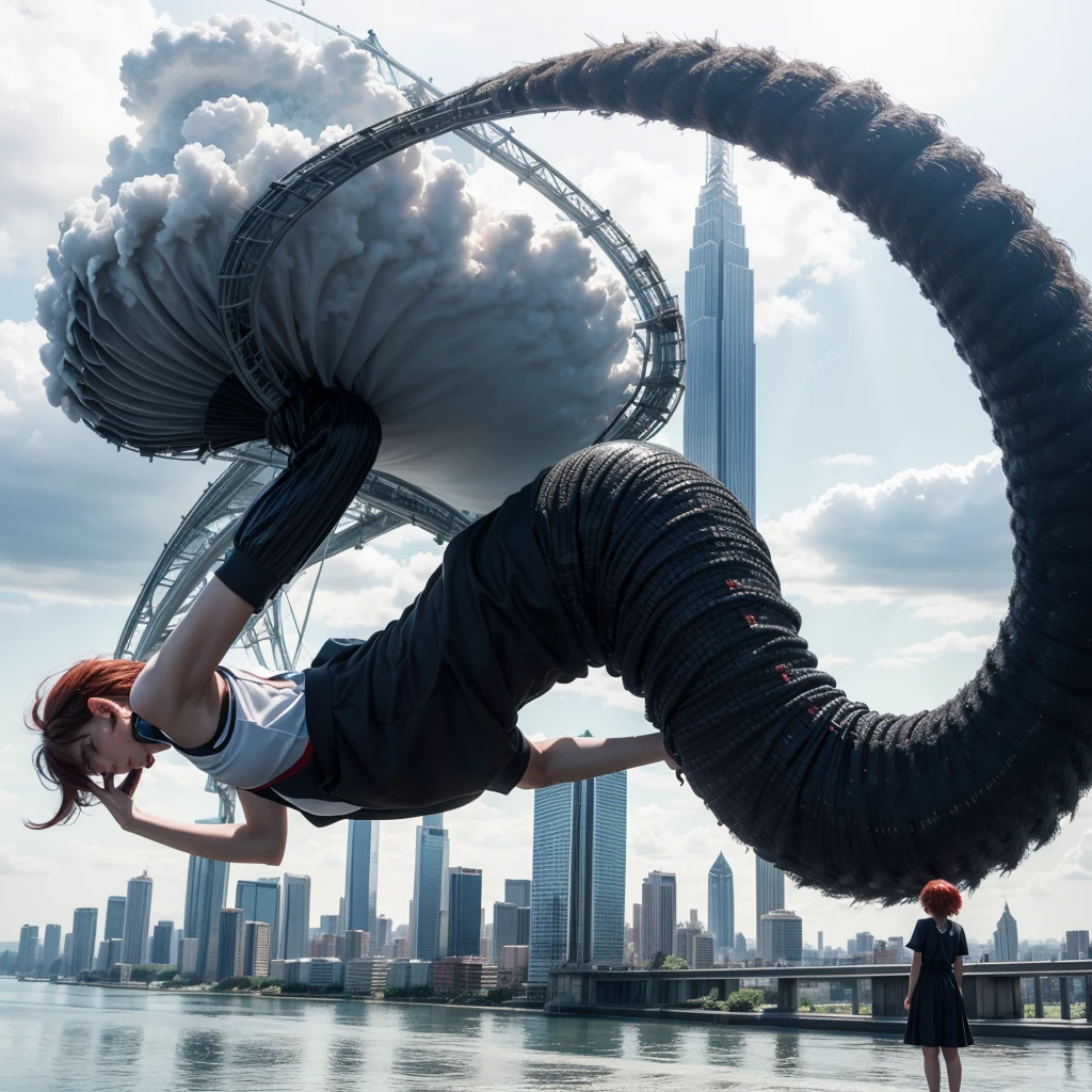 (Masterpiece,The newest one,exceptional:1.2), cheered up,1 girl,hits,negro_Hair, Beautiful 8K eyes,Blue_sky,puinte,building,castillo,City,Cityscape,cloud,day,dress,looking_in_viewer,outdoor,red_ties,red_Love,Love,River,short_Hair,short_sleeves,sky,skyscraper,Alone,standing,City,winer