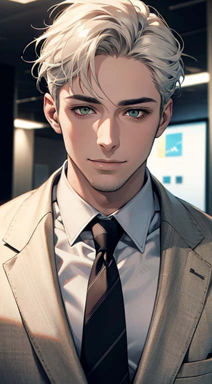 (Highest quality,4K,8K,High resolution,masterpiece:1.2),Super detailed,(Realistic,photoRealistic,photo-Realistic:1.37),1 person,34 years old,Mature Men,Beautiful skin、very handsome,Expressionless smile in love,Short white hair,green eyes,Sharp Eyes,A perfect face without a doubt,Businessman, CEO, Office Background,Cinema Lighting,HDR image,tie、