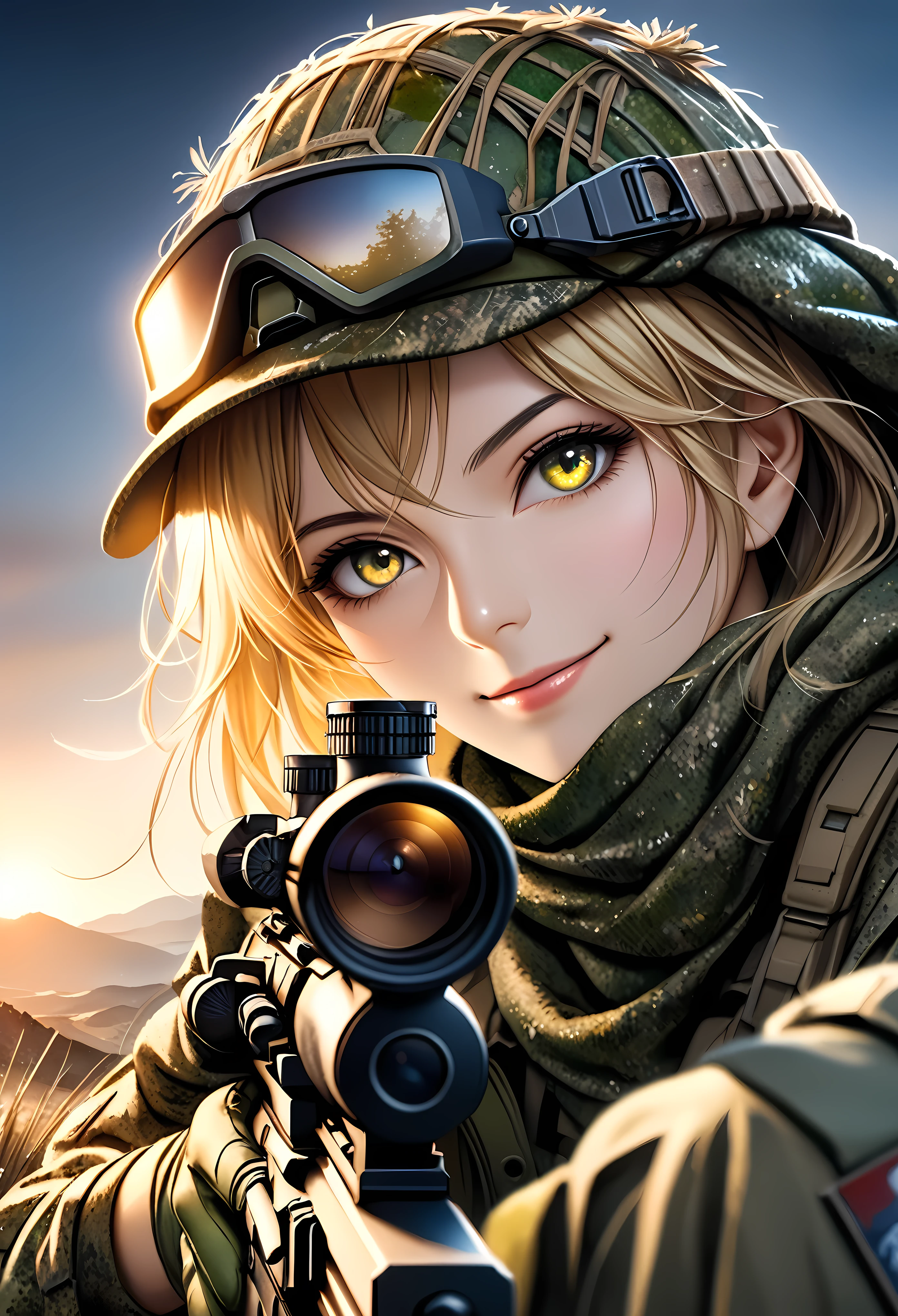 (Masterpiece in maximum 16K resolution:1.6), (intricate detail:1.4), (extremely insane detail:1.4),(highest quality:1.3),(Hyper_realistic:1.3). | ((Dark_color_tones):1.3),((a close up of female sniper soldier, aiming a sniper rifle, detailed face, piercing eyes, determined expression):1.3),((sniper ghillie suit, sniper gear, rugged landscape background, dramatic lighting, cinematic composition):1.1), ((wide angle shot):1.2), Clear light, Edge lighting, Perfect image, 16k UE5,editorial painting, superfine, Depth of field, Ultra-realistic, no contrast, clean sharp focus, professional painting, No blurring. | (watercolor painting, dark color, sharp focus), ((Pretty Supermodel beauty):1.2), ((Blonde Hair):1.1), ((Sniper ghillie suit):1.5), ((fancy military hand gloves):1.3), kinetic expression, style painting magic. | ((She is smiling with evil intention):1.3),((perfect_pose):1.5), ((perfect_fingers, better_hands, perfect_hands, perfect_legs):0.7), (((More_Detail))). | Rendered in ultra-high definition with UHD and retina quality, this masterpiece ensures anatomical correctness and textured skin with super detail. With a focus on high quality and accuracy, this award-winning portrayal captures every nuance in stunning 16k resolution, immersing viewers in its lifelike depiction. Avoid extreme angles or exaggerated expressions to maintain realism. ((perfect_composition, perfect_design, perfect_layout, perfect_detail, ultra_detailed)), ((enhance_all, fix_everything)), More Detail, Enhance.