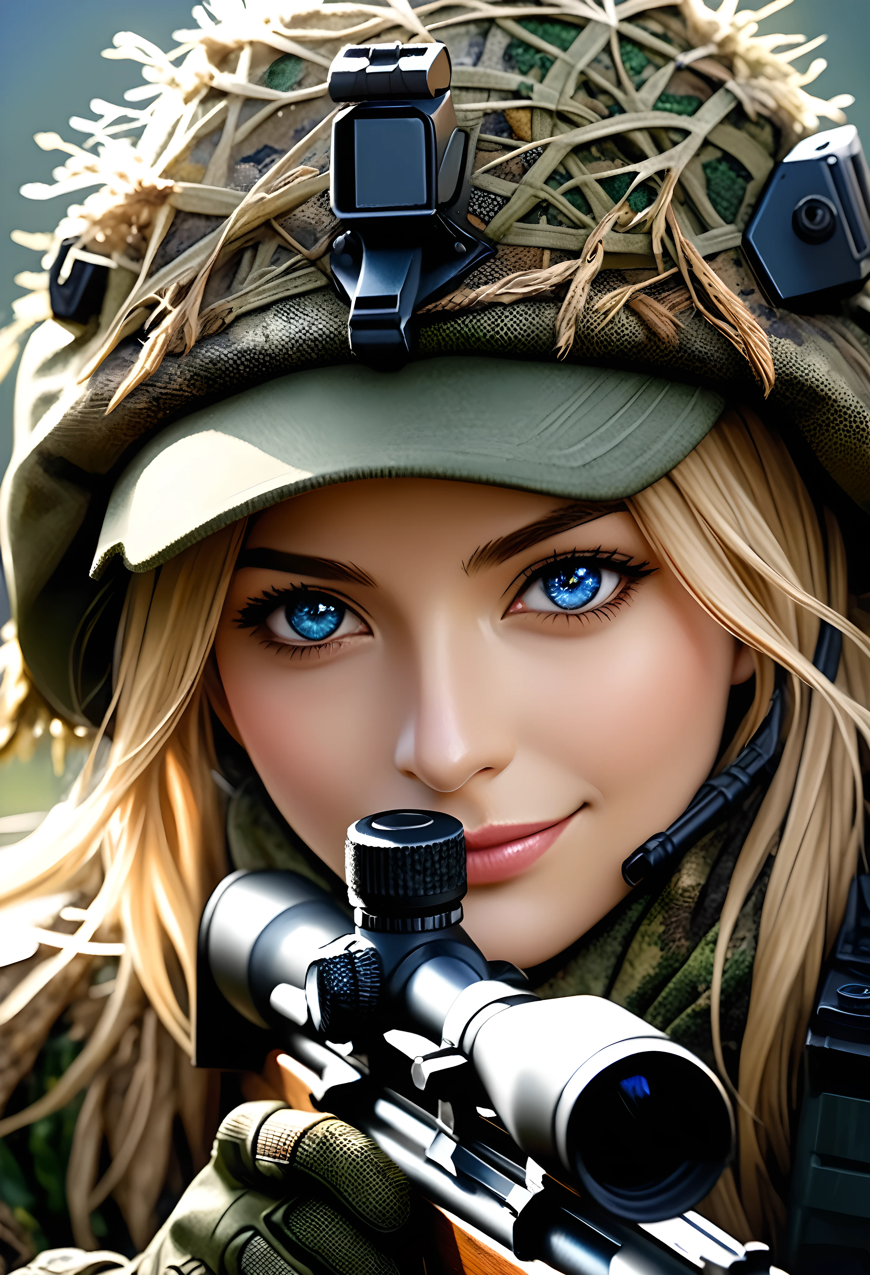 (Masterpiece in maximum 16K resolution:1.6), (intricate detail:1.4), (extremely insane detail:1.4),(highest quality:1.3),(Hyper_realistic:1.3). | ((Dark_color_tones):1.3),((a close up of female sniper soldier, aiming a sniper rifle, detailed face, piercing eyes, determined expression):1.3),((sniper ghillie suit, sniper gear, rugged landscape background, dramatic lighting, cinematic composition):1.1), ((wide angle shot):1.2), Clear light, Edge lighting, Perfect image, 16k UE5,editorial painting, superfine, Depth of field, Ultra-realistic, no contrast, clean sharp focus, professional painting, No blurring. | (watercolor painting, dark color, sharp focus), ((Pretty Supermodel beauty):1.2), ((Blonde Hair):1.1), ((Sniper ghillie suit):1.5), ((fancy military hand gloves):1.3), kinetic expression, style painting magic. | ((She is smiling with evil intention):1.3),((perfect_pose):1.5), ((perfect_fingers, better_hands, perfect_hands, perfect_legs):0.7), (((More_Detail))). | Rendered in ultra-high definition with UHD and retina quality, this masterpiece ensures anatomical correctness and textured skin with super detail. With a focus on high quality and accuracy, this award-winning portrayal captures every nuance in stunning 16k resolution, immersing viewers in its lifelike depiction. Avoid extreme angles or exaggerated expressions to maintain realism. ((perfect_composition, perfect_design, perfect_layout, perfect_detail, ultra_detailed)), ((enhance_all, fix_everything)), More Detail, Enhance.