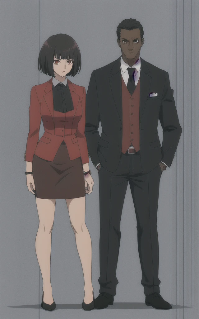 Tall adult Dark skinned business women in a red blazer skirt suit with a blouse underneath with short black hair ceo full body