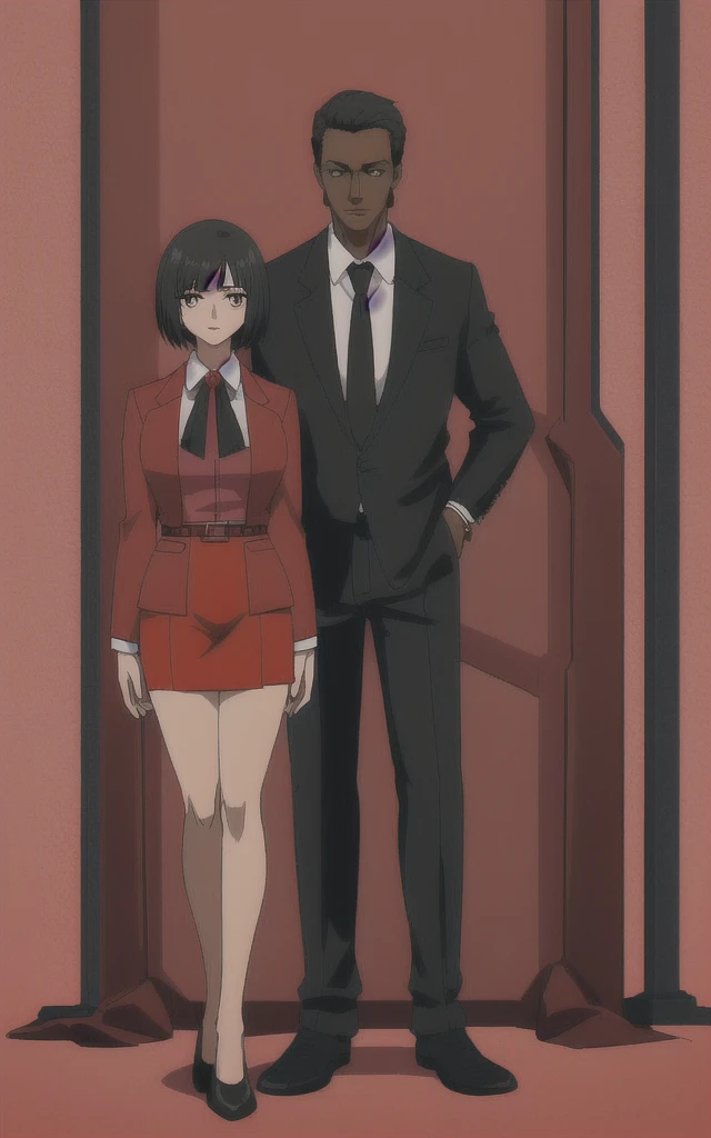 Tall adult Dark skinned business women in a red blazer skirt suit with a blouse underneath with short black hair  ceo  full body