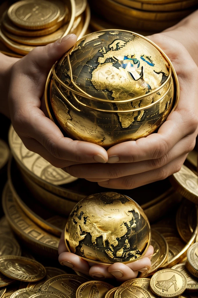 Hands with gold rings holding the earth made of continents of banknotes
