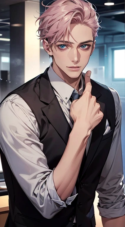 (Highest quality,4K,8K,High resolution,masterpiece:1.2),Super detailed,(Realistic,photoRealistic,photo-Realistic:1.37),1 person,31 years old,Mature Men,Beautiful skin、very handsome,Expressionless,smile,Short gray pink hair,blue eyes,Sharp Eyes,A perfect face without a doubt,Businessman,Office Background,Cinema Lighting,HDR image,tie、