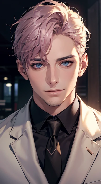 (Highest quality,4K,8K,High resolution,masterpiece:1.2),Super detailed,(Realistic,photoRealistic,photo-Realistic:1.37),1 person,31 years old,Mature Men,Beautiful skin、very handsome,Expressionless,smile,Short gray pink hair,blue eyes,Sharp Eyes,A perfect face without a doubt,Businessman,Office Background,Cinema Lighting,HDR image,tie、