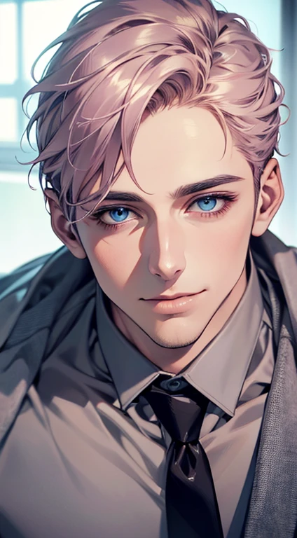 (Highest quality,4K,8K,High resolution,masterpiece:1.2),Super detailed,(Realistic,photoRealistic,photo-Realistic:1.37),1 person,31 years old,Mature Men,Beautiful skin、very handsome,Expressionless,smile,Short gray pink hair,blue eyes,Sharp Eyes,A perfect face without a doubt,Businessman,Office Background,Cinema Lighting,HDR image,tie、
