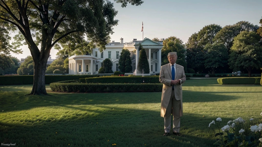 Visualize an unusual and surprising scene: Donald Trump standing in front of the iconic White House facade, delicately holding a flower in your hand. The evening light bathes the lush green lawn and neoclassical pillars of the historic building. Donald Trump, in elegant clothes, contrasts with the formality of the presidential residence, while the flower in her hand adds a touch of serenity and delicacy to the scene. Your countenance, usually determined, reveals a moment of peaceful contemplation, creating an image that combines political power with the simplicity and beauty of nature.