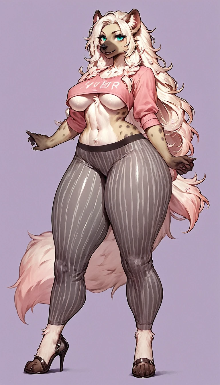 score_9, score_8_up, score_7_up, score_6_up, score_5_up, score_4_up, (solo), female anthro hyena, pink shirt underboob, vertical striped yoga pants, lusty, fluffy body, long blond hair, turquoise eyes, (thick thighs:1.5) she is standing , violet background, simple background, high heels