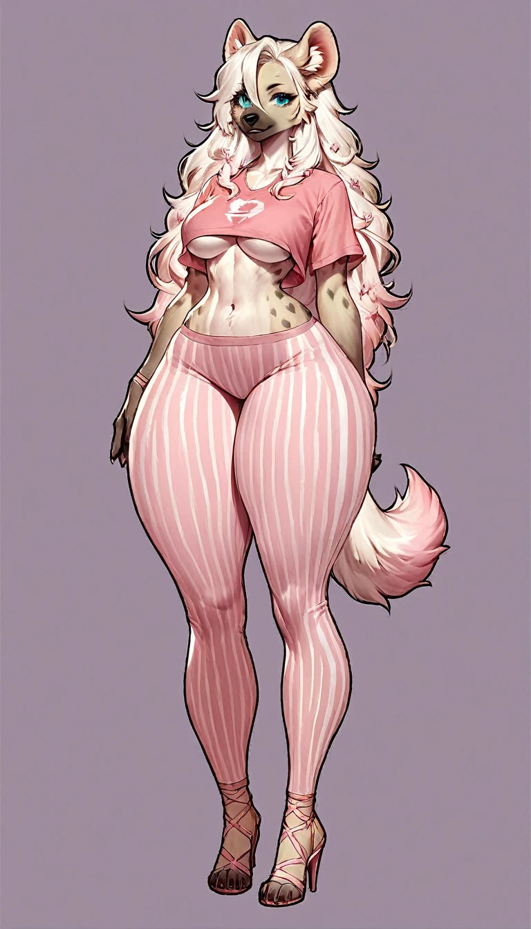 score_9, score_8_up, score_7_up, score_6_up, score_5_up, score_4_up, (solo), female anthro hyena, pink shirt underboob, vertical striped yoga pants, lusty, fluffy body, long blond hair, turquoise eyes, (thick thighs:1.5) she is standing , violet background, simple background, high heels