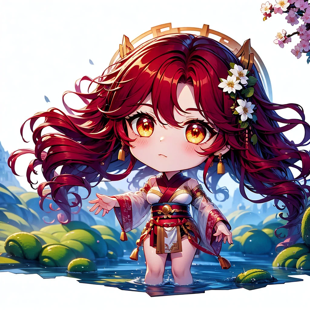Chibi character pixel art, ((xian mei)), 1 girl, long red hair, standing, Chibi style, shapely breasts, high quality pixel art, Gege Akutami, photography, beautiful, colorful, realistic, masterpieces, top quality, best quality, official art, beautiful and aesthetic, hanfu, perfect anatomy, mini solo chibi