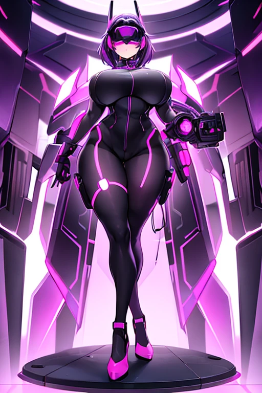 1girl, covered eyes, purple hair, very short hair, large breasts, hourglass figure, bodysuit, black bodysuit, neon, neon trim, machinery, tech, science-fiction, futuristic, standing, full body, ((full body)), pantyhose, head-mounted display, vr visors,, high heels,