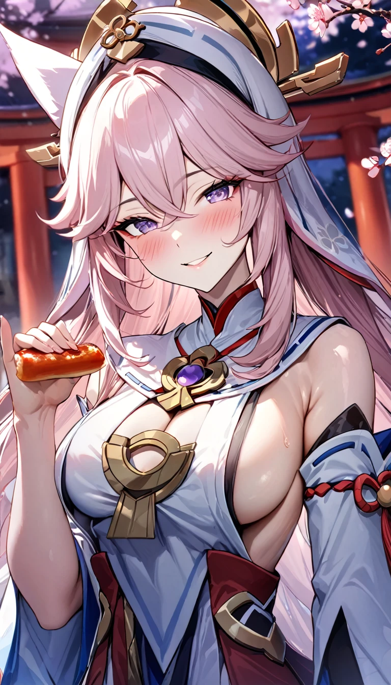 (((best quality)), ((masterpiece)), (details), masterpiece, best quality, high quality, ulutra detailed, perfect face, Yae Shrine Maiden、Genshin Impact、Sideboob、Fox Pose、Shiny Hair、Glowing Skin、blush、Lustful look、smile、Priestess Costume、Background of a shrine with cherry blossoms in full bloom、torii、Holding inari sushi、bachong