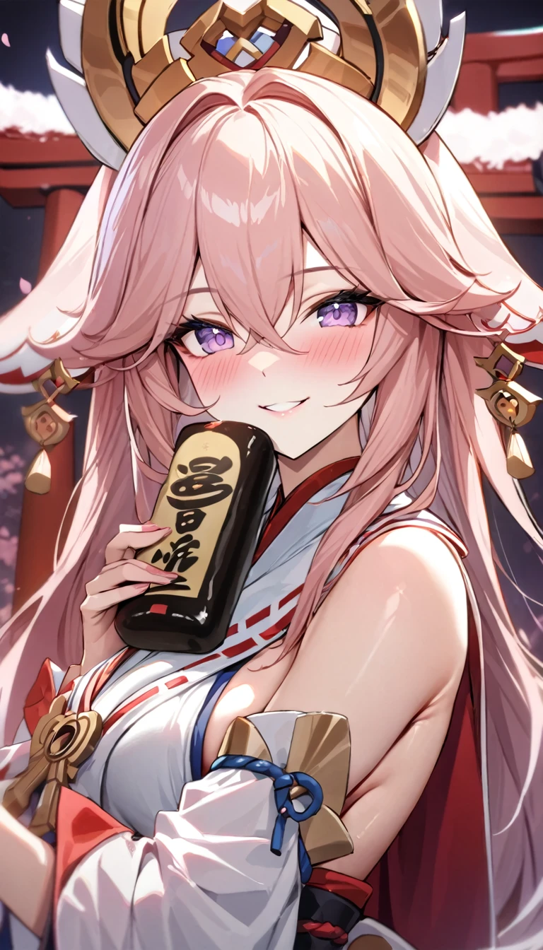 (((best quality)), ((masterpiece)), (details), masterpiece, best quality, high quality, ulutra detailed, perfect face, Yae Shrine Maiden、Genshin Impact、Sideboob、Fox Pose、Shiny Hair、Glowing Skin、blush、Lustful look、smile、Priestess Costume、Background of a shrine with cherry blossoms in full bloom、torii、Holding inari sushi、bachong