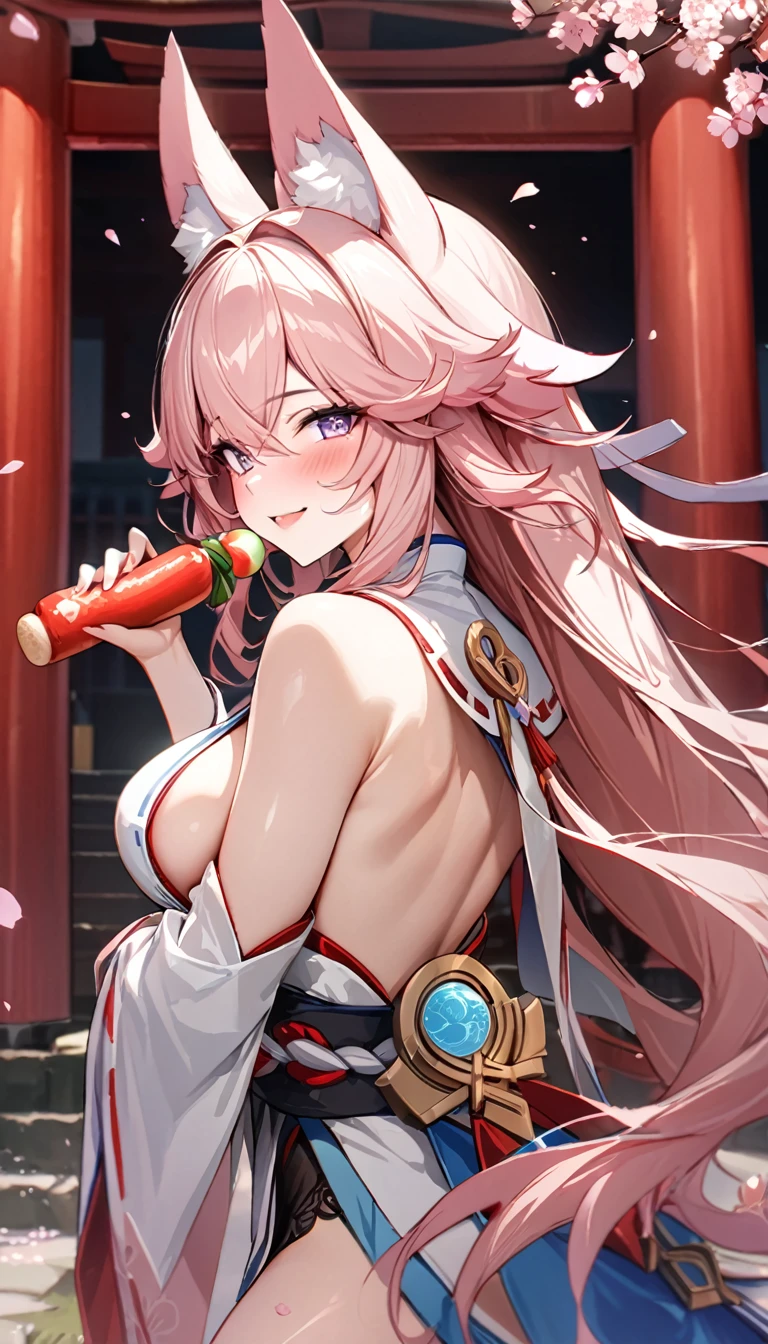 (((best quality)), ((masterpiece)), (details), masterpiece, best quality, high quality, ulutra detailed, perfect face, Yae Shrine Maiden、Genshin Impact、Sideboob、Fox Pose、Shiny Hair、Glowing Skin、blush、Lustful look、smile、Priestess Costume、Background of a shrine with cherry blossoms in full bloom、torii、Holding inari sushi、bachong