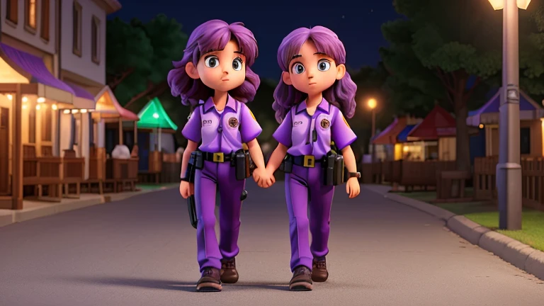 generate image of a with medium-length purple hair walking with a policewoman. The girl looks calmer and more secure, holding the policewoman's hand. The policewoman is guiding her confidently, with park lights and some party stalls in ackground. The image should capture the beginning of a trustful relationship.