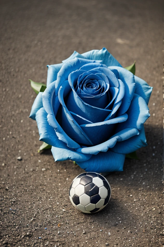 A blue rose and a used soccer ball