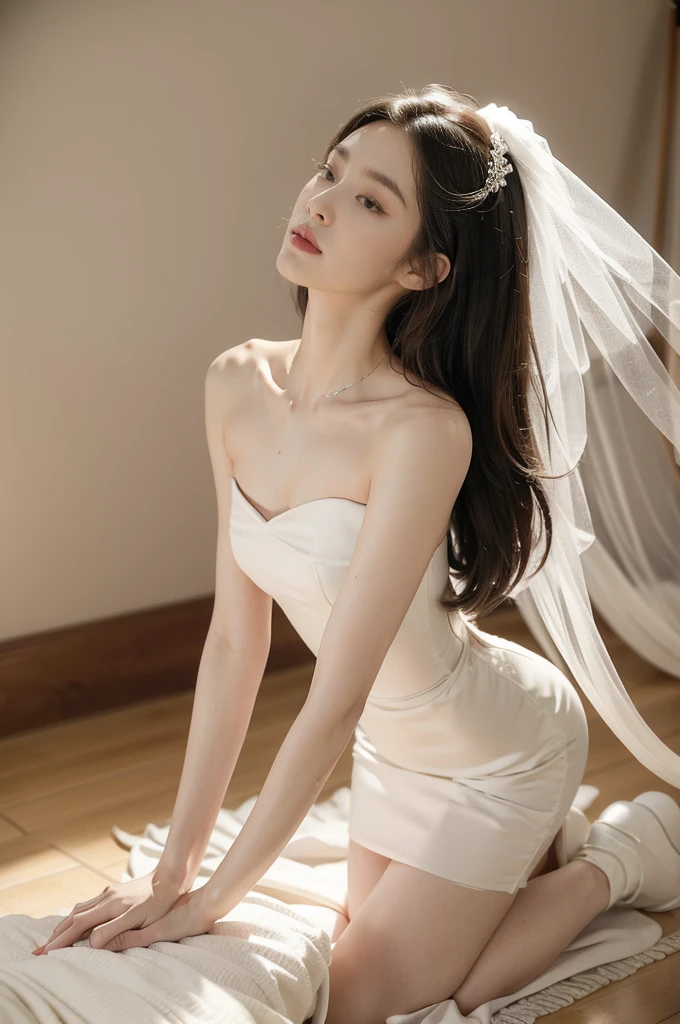 (((best quality))),(((ultra detailed))),(((masterpiece))),illustration,(1 beautiful girl,bride,solo),((slim,thin)),((small breasts,flat chest)),(shoulder length straight hair:1.2),(strapless white sheer wedding dress:1.3),dim pink lighting,massage parlor,patiently waiting,tool box,soft ambient lighting,refreshing contrast,sultry summer night,air conditioning,atmosphere of relaxation,serenity,delicate features,curves,elegance,sophistication,toolbox contents,assortment of implements,oils,lotions,massage tools,background music,soothing ambiance,comfortable massage bed,fresh clean sheets,calming artwork,warm friendly demeanor,sense of calm,compassion,eager anticipation,healing rejuvenating experience,((kneeling on the floor)),((from front,upper body))