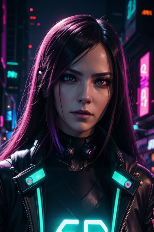 Cyberpunk, woman, Woman, face has canine features, cyberpunk party with neon light display in background