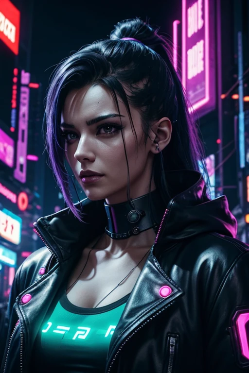 Cyberpunk, woman, Woman, face has canine features, cyberpunk party with neon light display in background