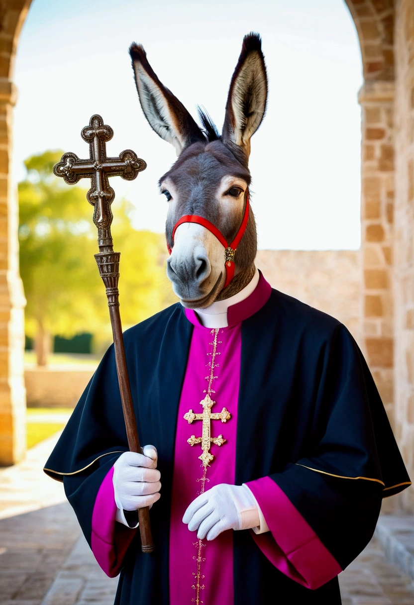 "Create a detailed and whimsical image of a donkey dressed as a bishop. The donkey should be wearing traditional bishop attire, including a mitre (bishop's hat), a long robe, and carrying a crosier (bishop's staff). The scene should have a humorous yet respectful tone, highlighting the donkey's calm and dignified expression. The background can be a simple, elegant church setting to complement the attire."