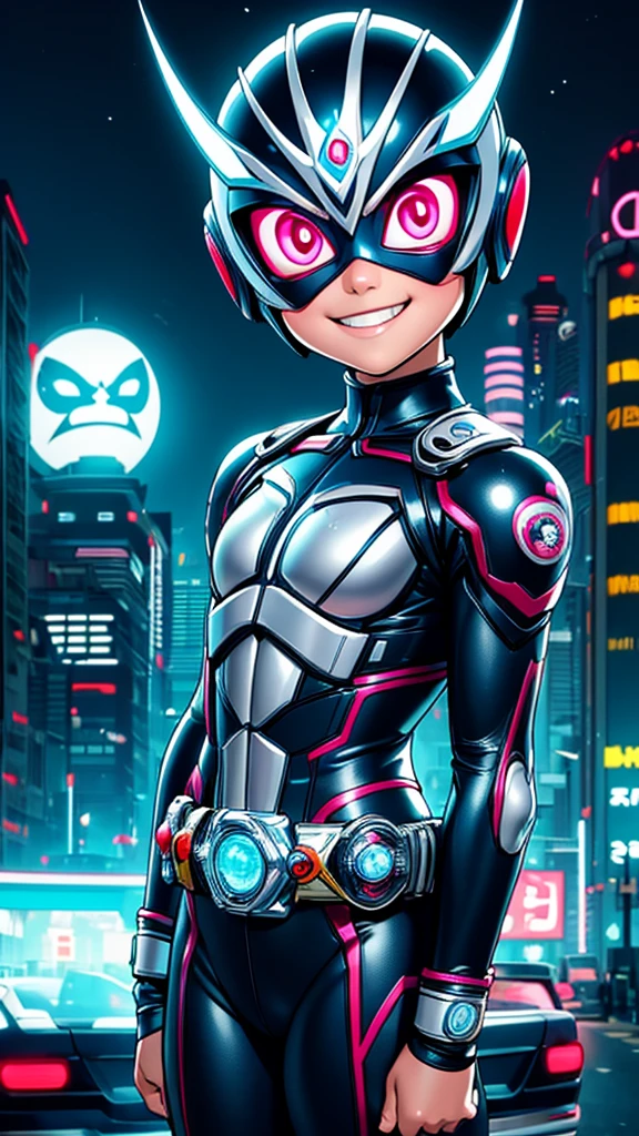 (8k),(masterpiece),(Japanese),(8-year-old girl),((innocent look)),((Childish)),From the front,smile,cute,Innocent,Kind eyes,Flat chest,white helmet,blue domino mask,Elsa, bald,no Hair,Strong wind,night,dark, Neon light cyberpunk city,Kamen_Rider,camisa