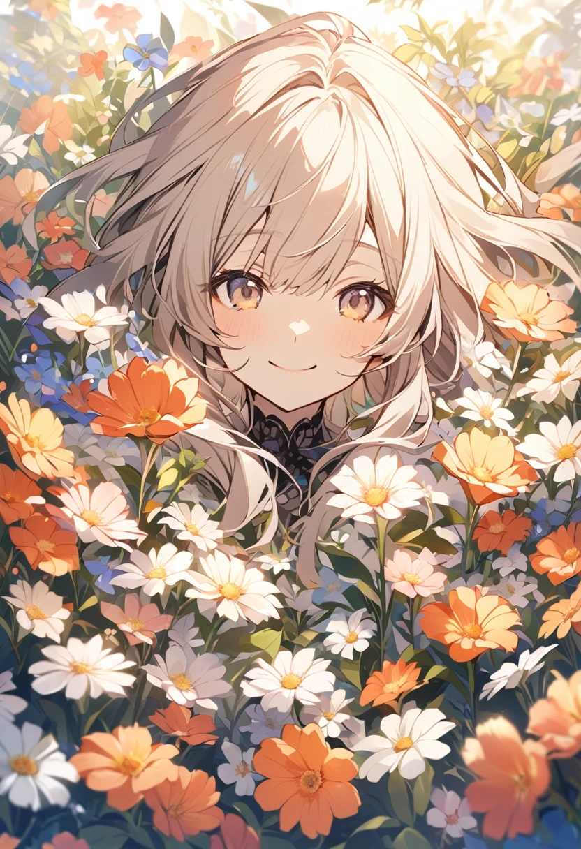 high resolution、Surrounded by flowers,Flower side,One girl,Upper Body,smile,I'm laughing so hard my eyes are closing,A big smile,Black Hair,long,Shiny Hair