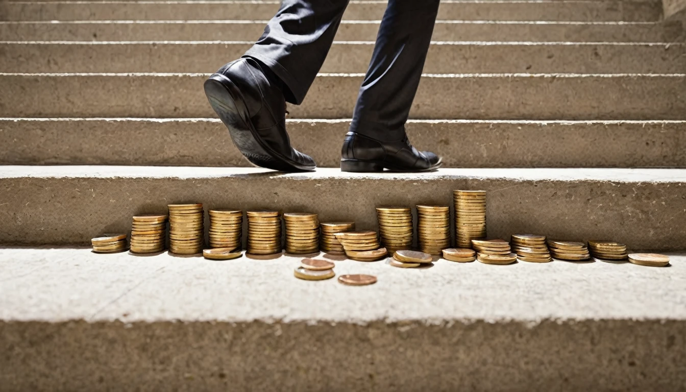 man climbing up stairs made of coins