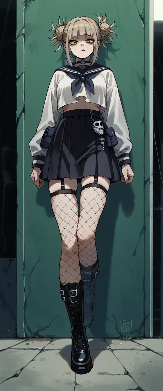 Himiko Toga gothic outfit, black fishnet stockings, black skirt and black boots (whole body) (top negro)