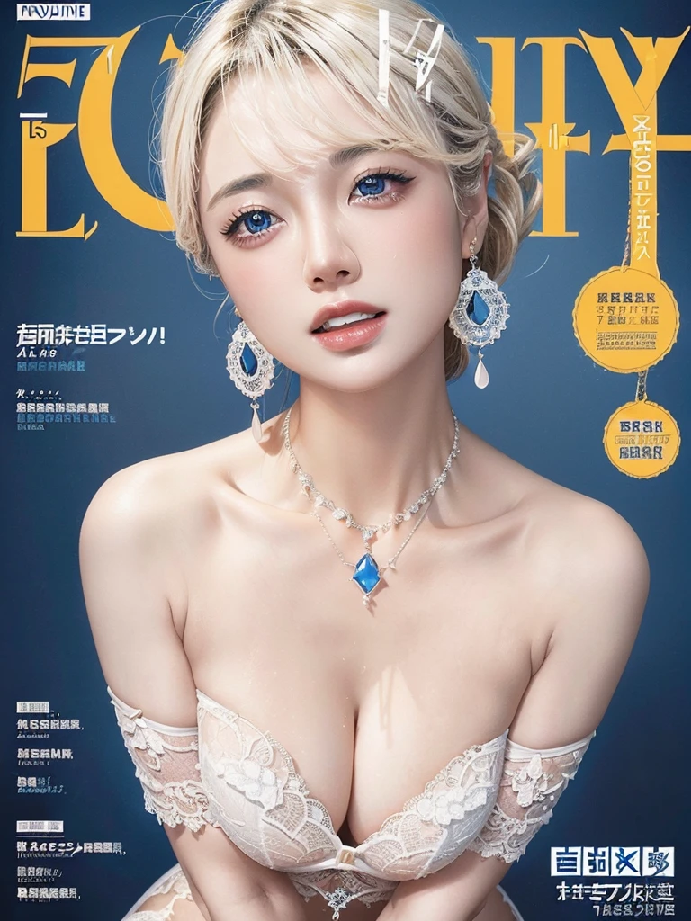 Navy Blue Background、Professional Lighting、(((Professional Lighting 1.5)))、Translucent skin texture、Beautiful Skin、Beautiful Skin、、(((Whitening 1.5)))、Lace pattern bra、See through、、Ecstasy of Musical Notes、((Nude 1.5))、See through1.5、Bust up photo、Simple earrings and necklace、(((ファッションMagazine Cover 1.5)))、(((Magazine Cover 1.5)))、Blonde Hair、