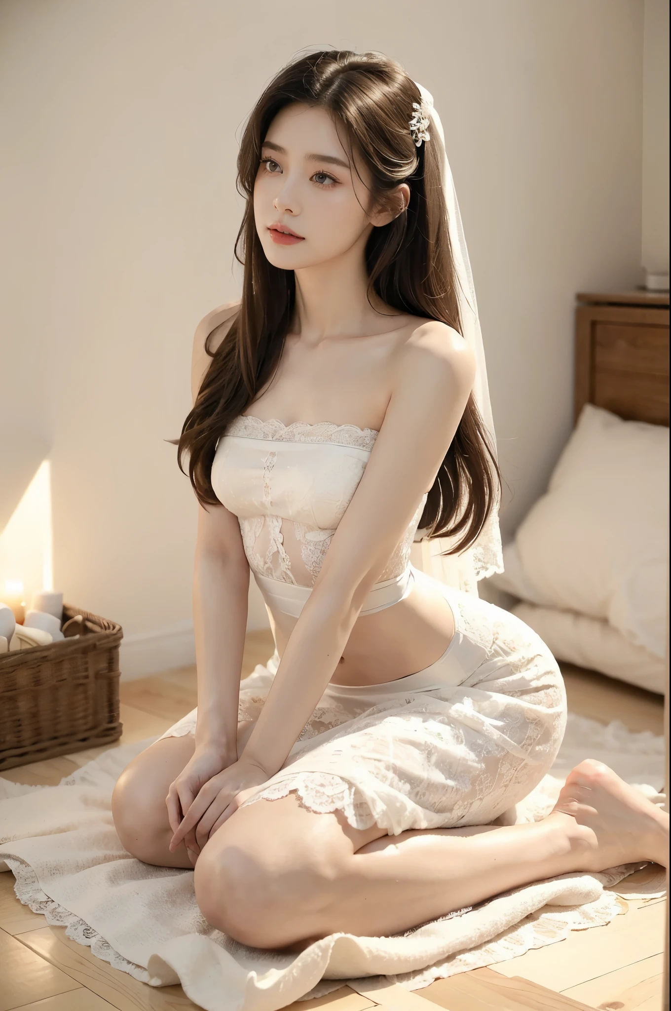 (((best quality))),(((ultra detailed))),(((masterpiece))),illustration,(1 beautiful girl,bride,solo),((slim,thin)),((small breasts,flat chest)),(shoulder length straight hair:1.2),(strapless white lace sheer wedding dress:1.3),dim pink lighting,massage parlor,patiently waiting,tool box,soft ambient lighting,refreshing contrast,sultry summer night,air conditioning,atmosphere of relaxation,serenity,delicate features,curves,elegance,sophistication,toolbox contents,assortment of implements,oils,lotions,massage tools,background music,soothing ambiance,comfortable massage bed,fresh clean sheets,calming artwork,warm friendly demeanor,sense of calm,compassion,eager anticipation,healing rejuvenating experience,((kneeling on the floor)),((from front,upper body))