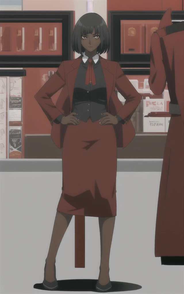 Tall adult Dark skinned business women in a red blazer skirt suit with a blouse underneath with short black hair  ceo  full body without more then one person 