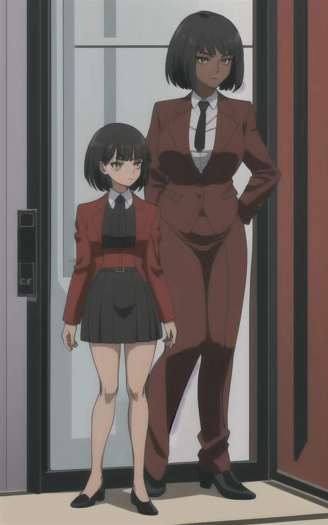 Tall adult Dark skinned business women in a red blazer skirt suit with a blouse underneath with short black hair ceo full body without more then one person
