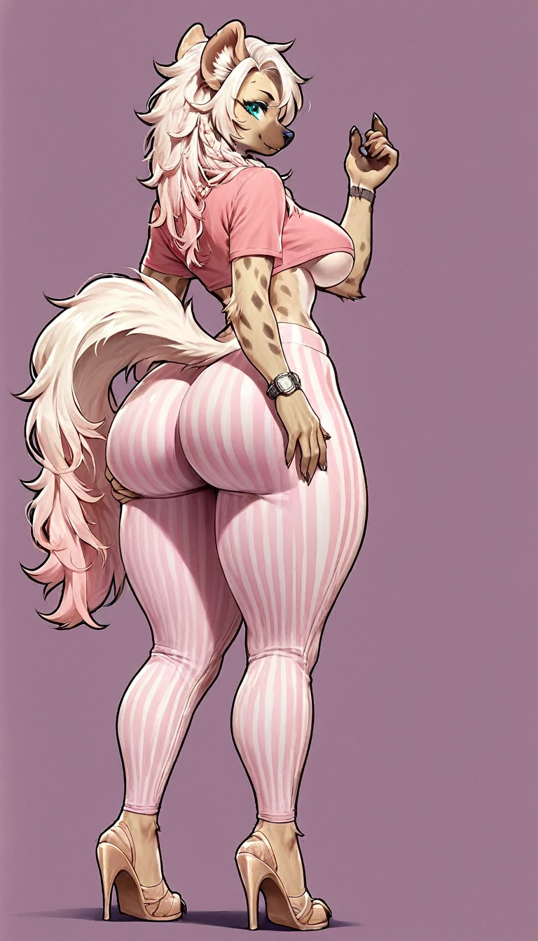 score_9, score_8_up, score_7_up, score_6_up, score_5_up, score_4_up, (solo), female anthro hyena, pink shirt underboob, vertical striped yoga pants, lusty, fluffy body, long blond hair, turquoise eyes, (thick thighs:1.5) she is standing ,from the back, backsite, from back, (focus on ass), watch your back, biki big ass sexy ass sexy but invitation violet background, simple background, high heels