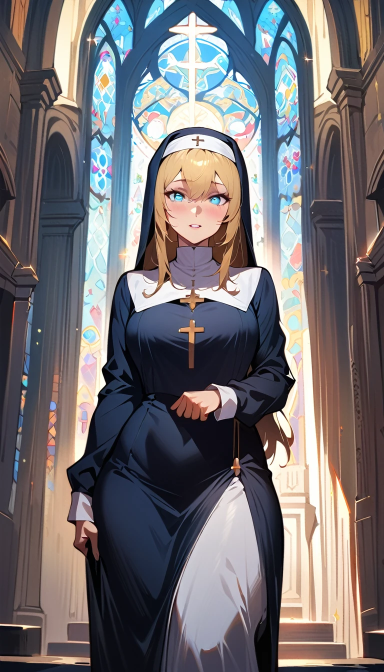 (high quality, 8k, 4K, high contrast, artwork:1.2, high quality, best aesthetics), (centered), ((1 woman)), erotic, sensual, mature body, super detailed, beautiful face detailed, beautiful eyes detailed, detailed beautiful mouth, perfect breats, (blonde, long, straight hair), (blue eyes), (shy calm expression), (religious habit), (nun's clothes), (female nun), (standing), (looking at viewer), (piercing gaze), (church), (front view)