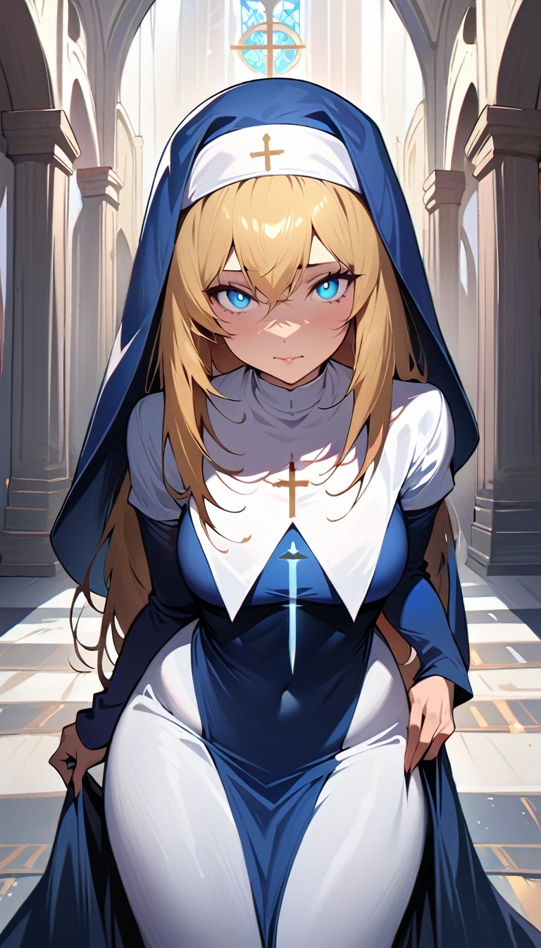 (high quality, 8k, 4K, high contrast, artwork:1.2, high quality, best aesthetics), (centered), ((1 woman)), erotic, sensual, mature body, super detailed, beautiful face detailed, beautiful eyes detailed, detailed beautiful mouth, perfect breats, (blonde, long, straight hair), (blue eyes), (shy calm expression), (religious habit), (nun's clothes), (female nun), (standing), (looking at viewer), (piercing gaze), (church), (front view)