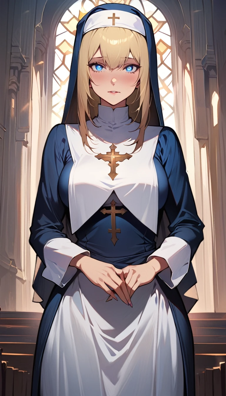 (high quality, 8k, 4K, high contrast, artwork:1.2, high quality, best aesthetics), (centered), ((1 woman)), erotic, sensual, mature body, super detailed, beautiful face detailed, beautiful eyes detailed, detailed beautiful mouth, perfect breats, (blonde, long, straight hair), (blue eyes), (shy calm expression), (religious habit), (nun's clothes), (female nun), (standing), (looking at viewer), (piercing gaze), (church), (front view)