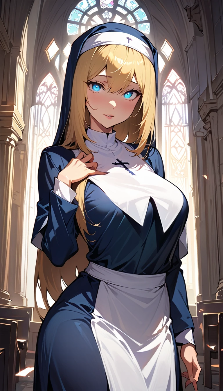 (high quality, 8k, 4K, high contrast, artwork:1.2, high quality, best aesthetics), (centered), ((1 woman)), erotic, sensual, mature body, super detailed, beautiful face detailed, beautiful eyes detailed, detailed beautiful mouth, perfect breats, (blonde, long, straight hair), (blue eyes), (shy calm expression), (religious habit), (nun's clothes), (female nun), (standing), (looking at viewer), (piercing gaze), (church), (front view)