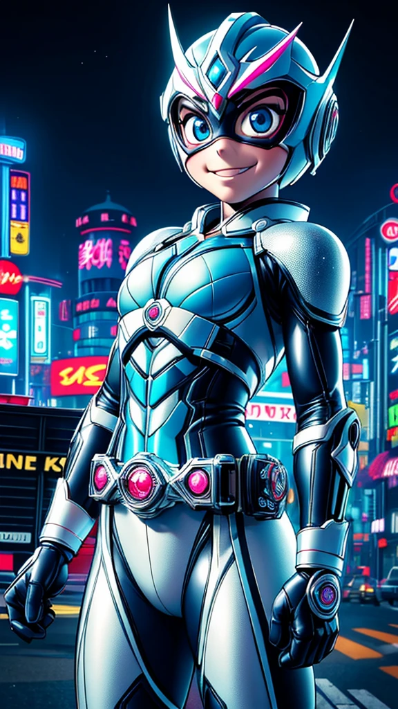 (8k),(masterpiece),(Japanese),(),((innocent look)),((Childish)),From the front,smile,cute,Innocent,Kind eyes,Flat chest,white helmet,blue domino mask,Elsa, bald,no Hair,Strong wind,night,dark, Neon light cyberpunk city,Kamen_Rider,camisa
