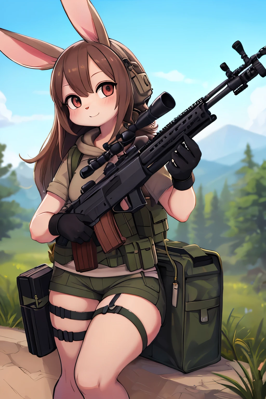 masterpiece, best quality, high resolution, detailed, Rabbit sniper, cute, carrying a scoped rifle on her shoulder, taking a break,