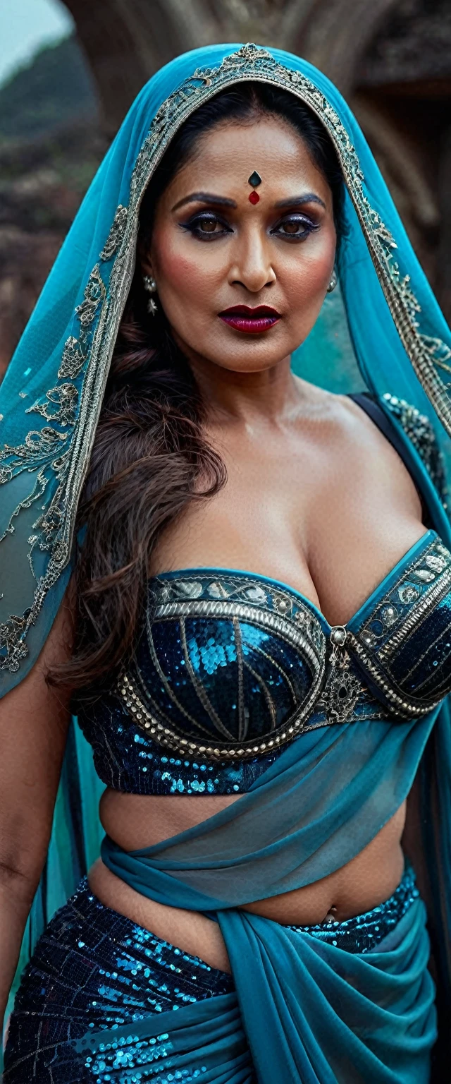 Looks like Madhuri Dixit, full body Closeup shot, Big chubby aunty, milf, cougar lady witch, horny Gothic milf, 70 years old gorgeous mature lady, pervert demoness, demoness of lust, curvy, black lips, horny face, extremely gorgeous, thick figure, heavy physique, voluptuous, curvy, sexy figure, Fashionable portrait of androgynous alien looking witch wearing veil, glowing eyes, futuristic design, minimal details, givenchy, photoreal, 200mm, hd, f/ 2.0, highly detailed, surreal, sexy beautiful evil woman, sexy bold sequin Saree with strapless Bra, chudail, Pishachini, horror genre, blood-thirsty enchantress, powerful female spirit, eerie, drop dead, in the style of red and blue, (intricate details, hyperdetailed:1.15) (skin texture:1.2), dark Moody tone, cinematic lighting, haunted place in background,