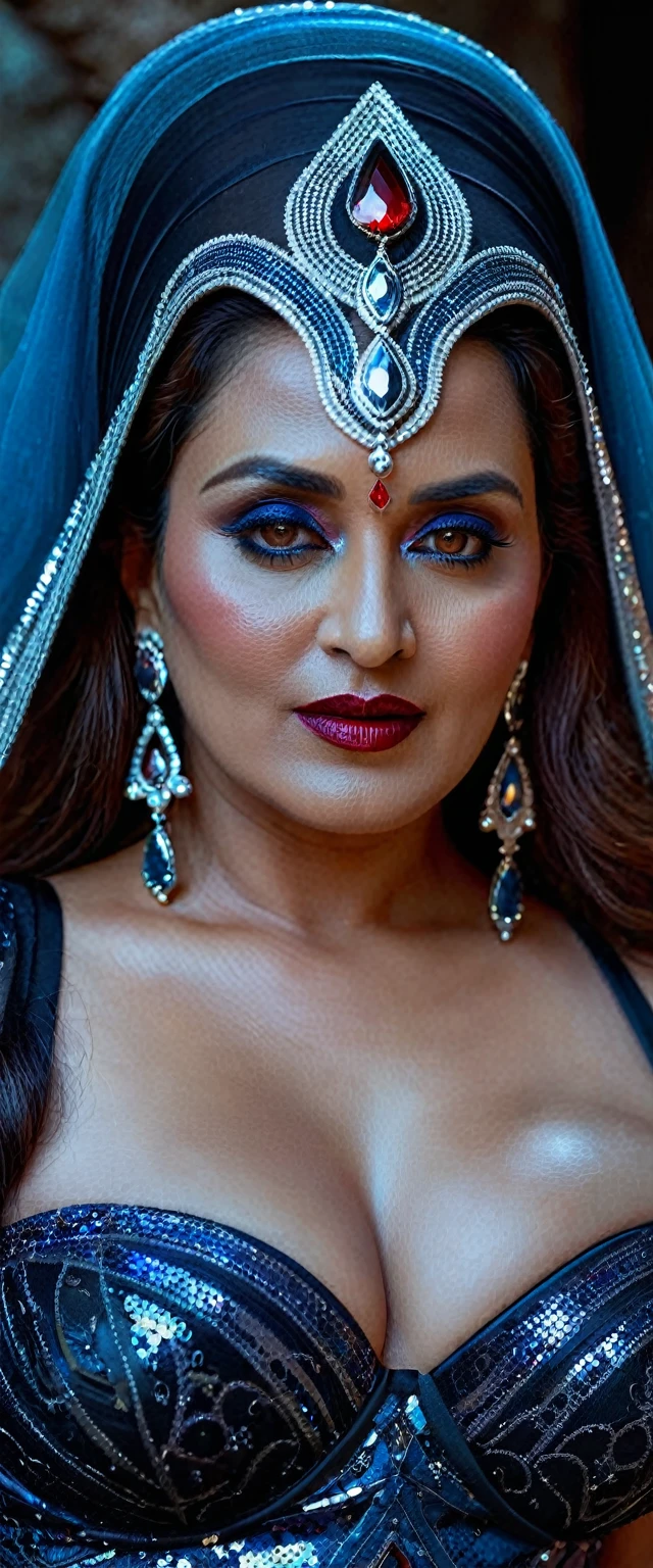 Looks like Madhuri Dixit, full body Closeup shot, Big chubby aunty, milf, cougar lady witch, ????? Gothic milf,  70 years old gorgeous mature lady, pervert demoness, demoness of lust, curvy, black lips, ????? face, extremely gorgeous, thick figure, heavy physique, voluptuous, curvy, sexy figure, Fashionable portrait of androgynous alien looking witch wearing veil, glowing eyes, futuristic design, minimal details, givenchy, photoreal, 200mm, hd, f/ 2.0, highly detailed, surreal, sexy beautiful evil woman, sexy bold sequin Saree with strapless Bra, chudail, Pishachini, horror genre, blood-thirsty enchantress, powerful female spirit, eerie, drop dead, in the style of red and blue, (intricate details, hyperdetailed:1.15) (skin texture:1.2), dark Moody tone, cinematic lighting, haunted place in background, 