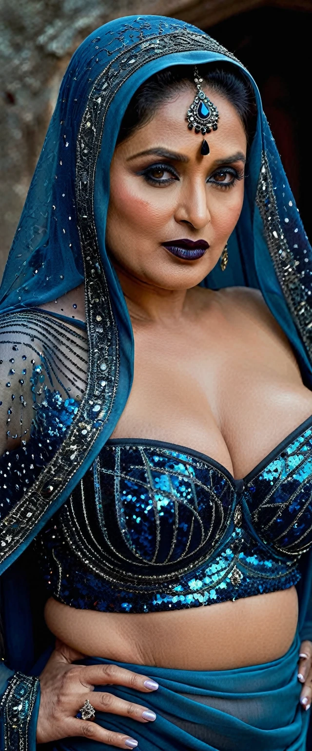 Looks like Mahie Gill, full body Closeup shot, Big chubby aunty, milf, cougar lady witch, horny Gothic milf,  70 years old gorgeous mature lady, pervert demoness, demoness of lust, curvy, black lips, horny face, extremely gorgeous, thick figure, heavy physique, voluptuous, curvy, sexy figure, Fashionable portrait of androgynous alien looking witch wearing veil, glowing eyes, futuristic design, minimal details, givenchy, photoreal, 200mm, hd, f/ 2.0, highly detailed, surreal, sexy beautiful evil woman, sexy bold sequin Saree with strapless Bra, chudail, Pishachini, horror genre, blood-thirsty enchantress, powerful female spirit, eerie, drop dead, in the style of red and blue, (intricate details, hyperdetailed:1.15) (skin texture:1.2), dark Moody tone, cinematic lighting, haunted place in background, 
